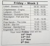 Your next Friday visit will be:  14th Oct, 11th Nov, 9th Dec